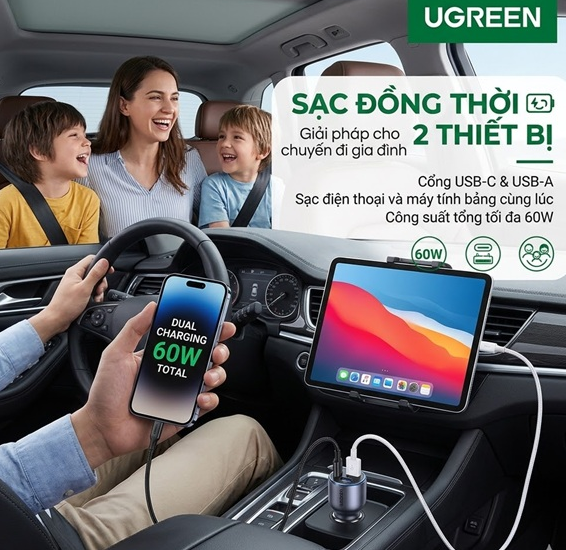 Sạc Nhanh Ô Tô 2 Cổng USB-C & USB-A 60W UGREEN 60980 - PD 30W, Sạc Nhanh, An Toàn Tuyệt Đối